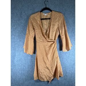 Billabong Dress Women Large Yellow Short Sleeve Graphic‎ Print Wrap Mini Summer